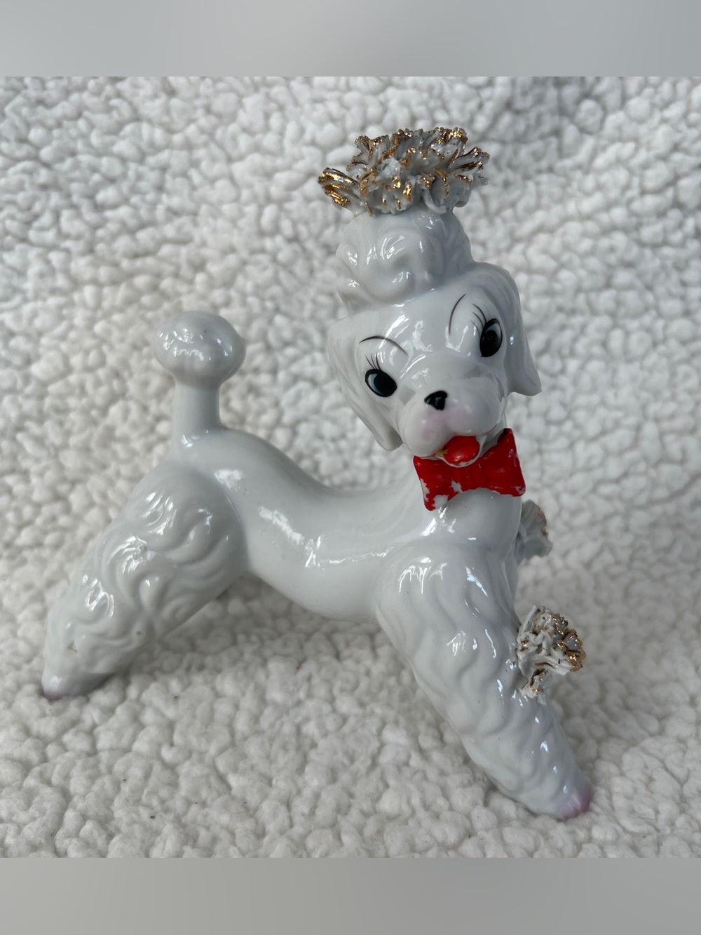 Vintage MCM Spaghetti Poodle with gold-accented, red bow, 1950s